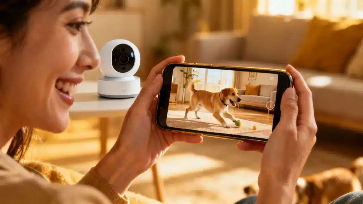 Pet owner smiling while viewing their dog on a smartphone via a smart pet camera, highlighting remote monitoring.