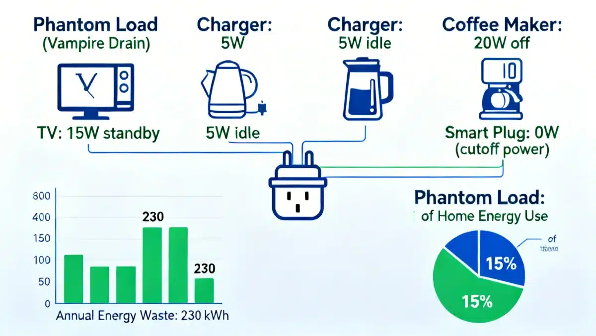 Infographic showing common devices contributing to phantom load