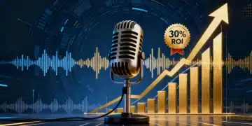 Illustration of a podcast microphone with rising financial charts, representing optimized podcast ad buys and a 30% ROI increase.