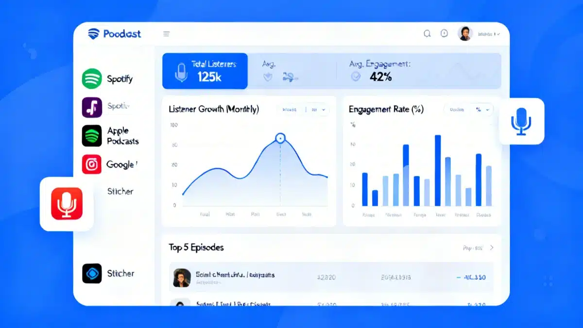 Podcast analytics dashboard showing listener growth and platform performance