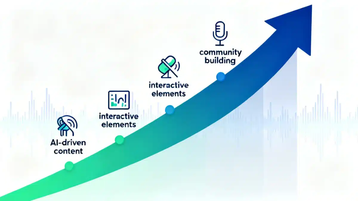 Infographic illustrating rapid podcast audience growth through AI, interactivity, and community strategies.