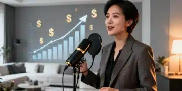 Podcast host discussing revenue growth strategies into a microphone