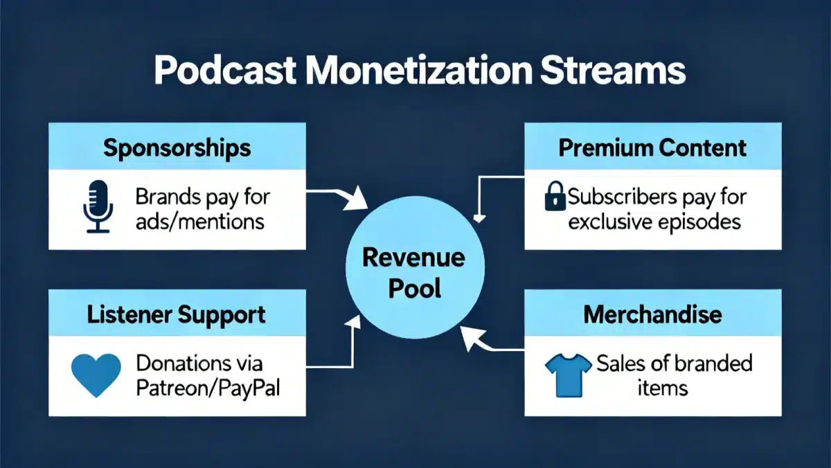 Infographic showing various podcast monetization streams and revenue models