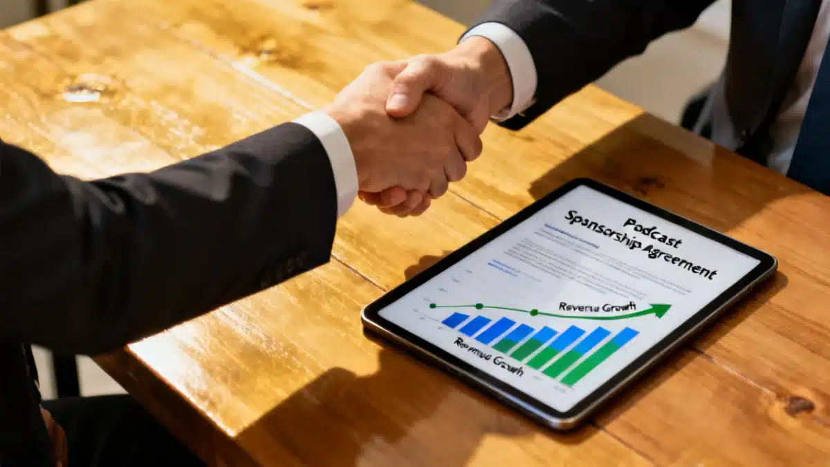 Professionals shaking hands over a deal contract and revenue growth graph, symbolizing successful podcast sponsorship negotiation.