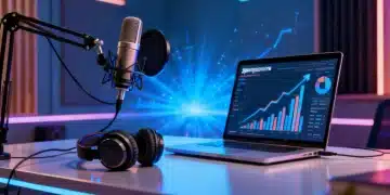 Modern podcast studio with analytics on screen, representing future sponsorship growth