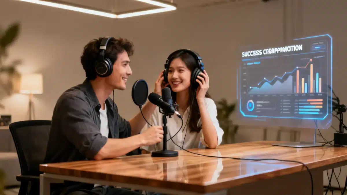 Podcasters collaborating on a cross-promotion campaign in a studio
