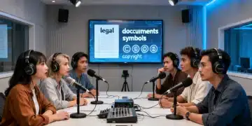 Podcasters navigating legal documents and copyright symbols in a studio setting