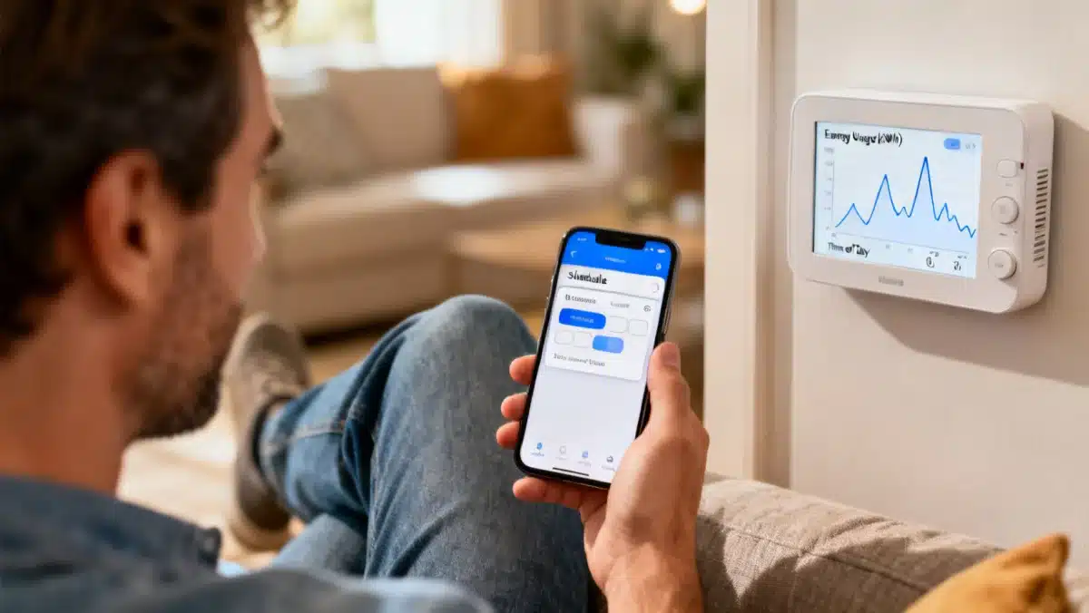 Person using smartphone app to program smart thermostat schedule