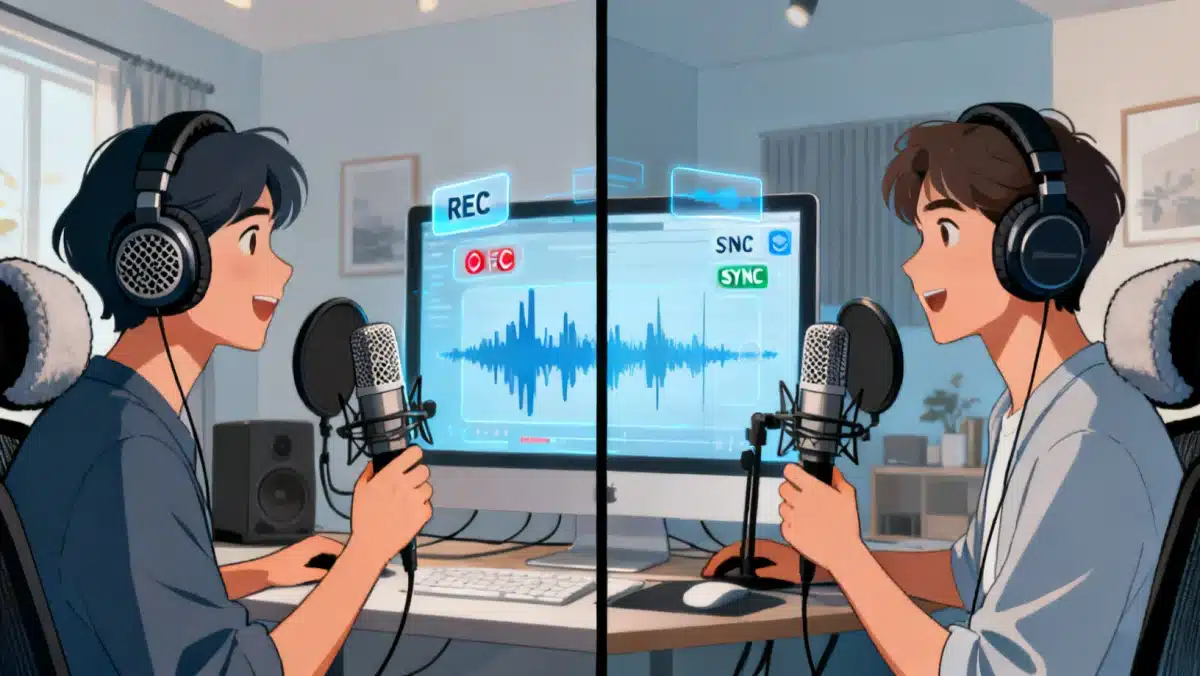 Two remote collaborators recording audio simultaneously with professional equipment