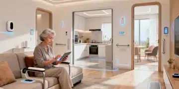 Senior woman interacting with smart home tablet in accessible living room, 2026