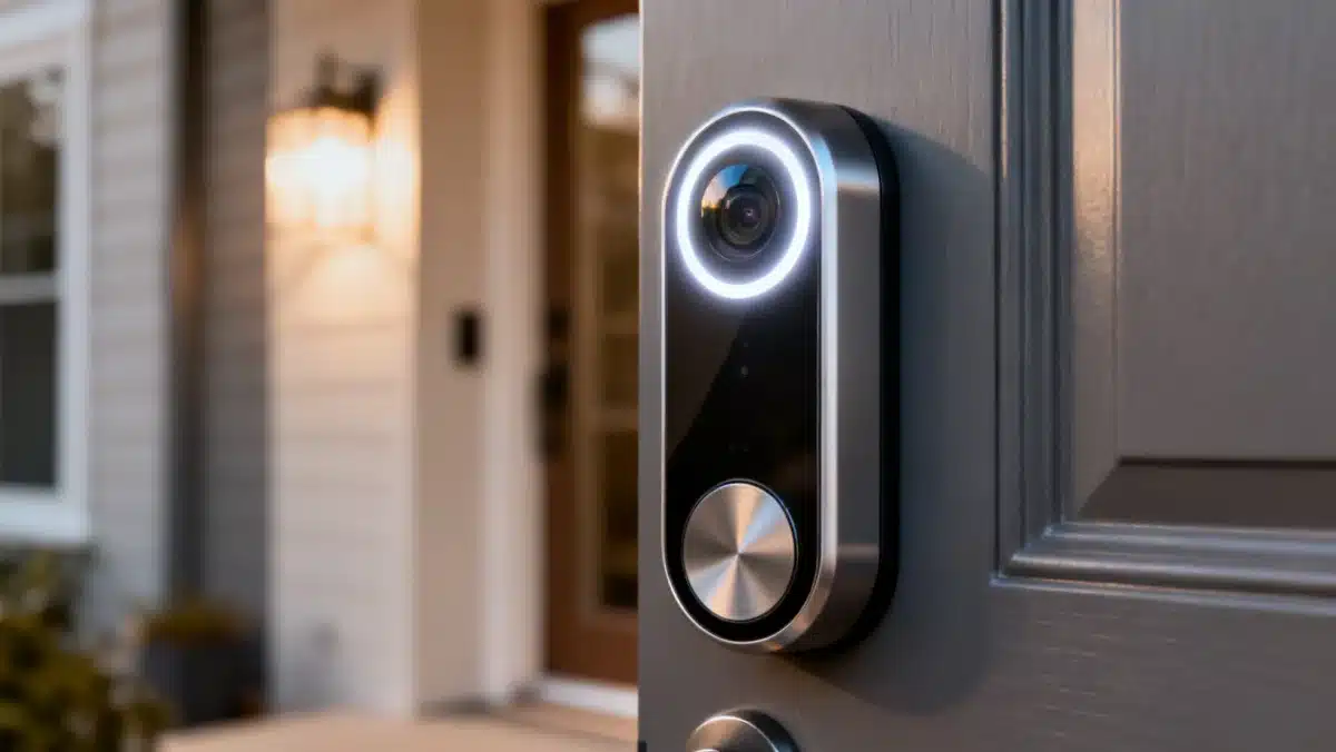 Smart doorbell camera with wide-angle lens on a modern front door