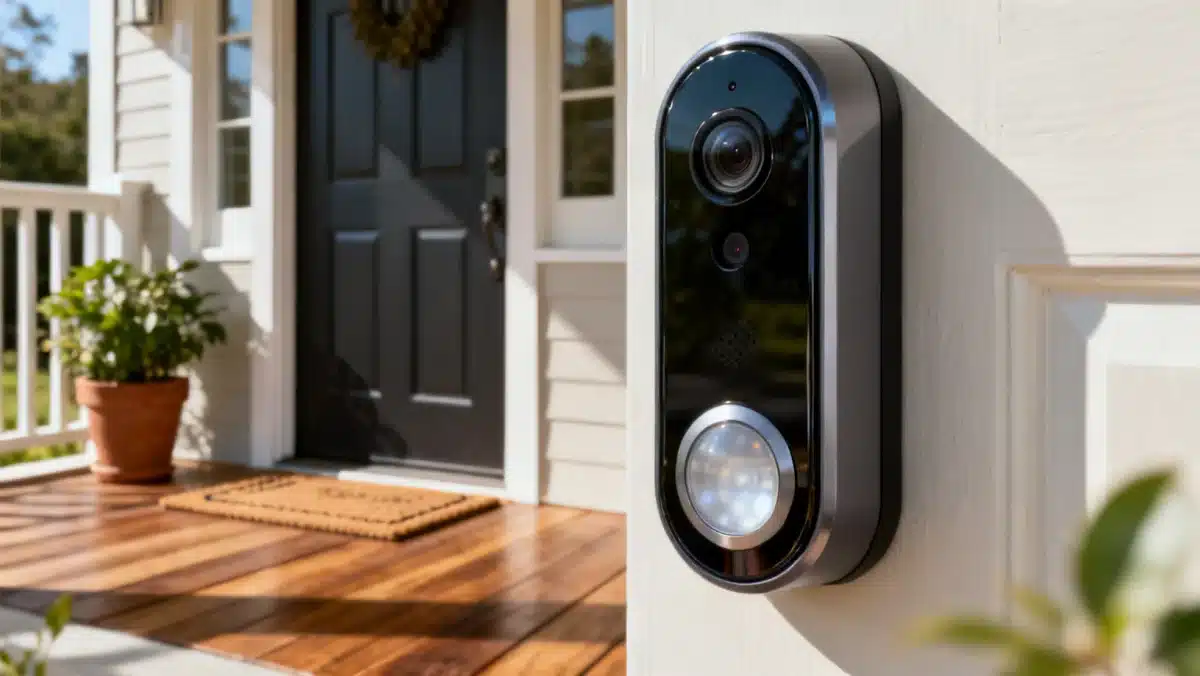 Smart doorbell with integrated camera and motion detection for home entry monitoring.