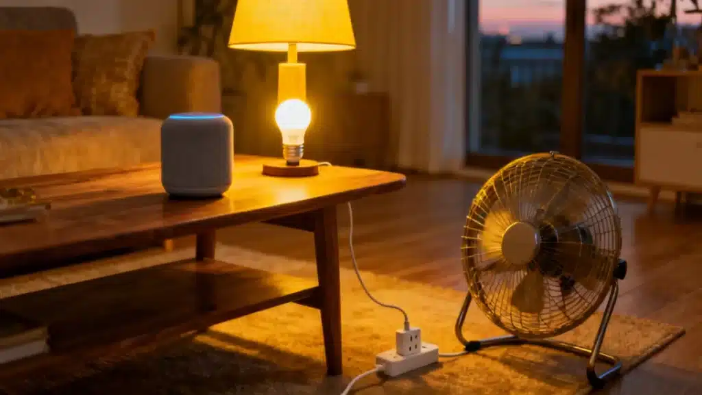 Smart home living room with smart speaker, smart light, and smart plug for beginners