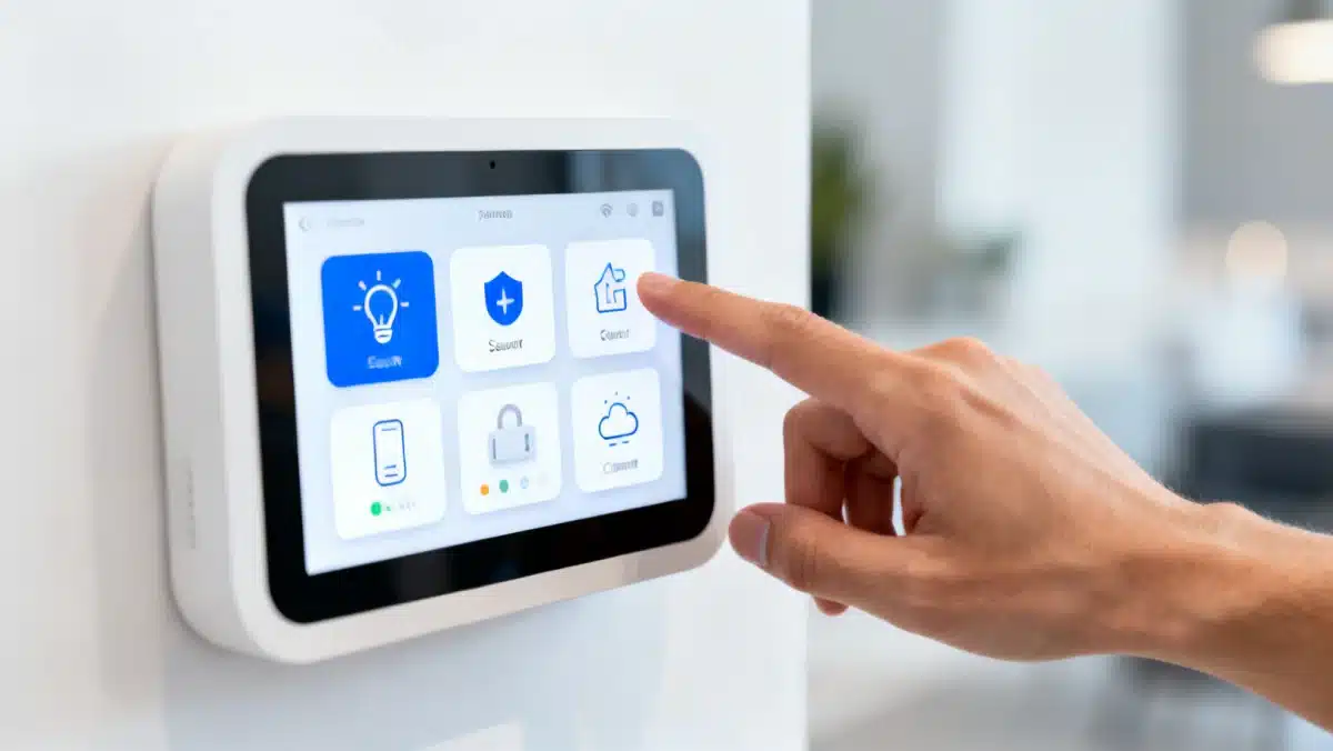 Hand interacting with smart home hub interface showing connected devices