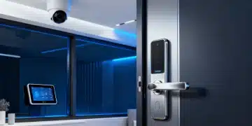 Modern smart home security system dashboard with live camera feeds and sensor alerts.