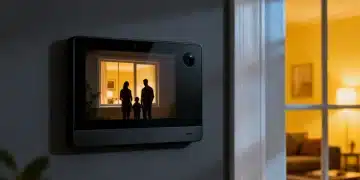 Smart home security system panel with live camera feed and family inside