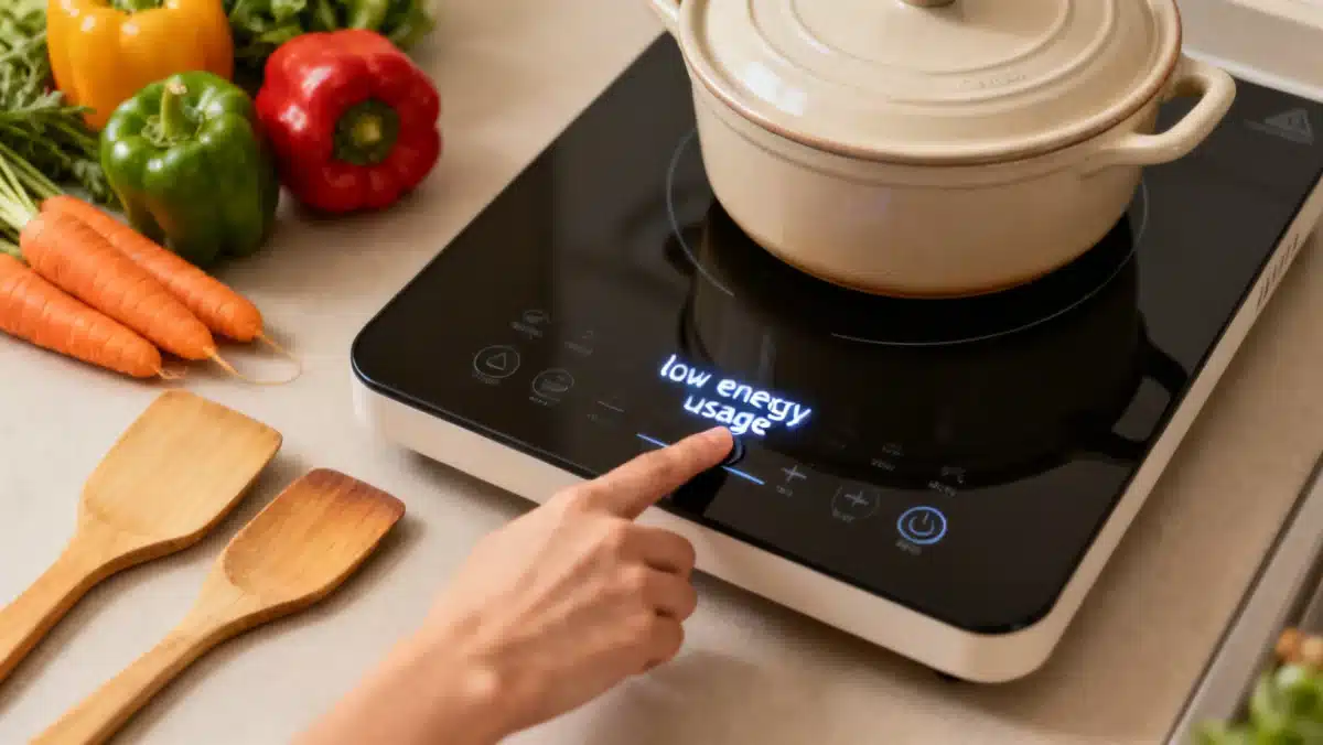 Hands operating a smart induction cooktop showing energy savings