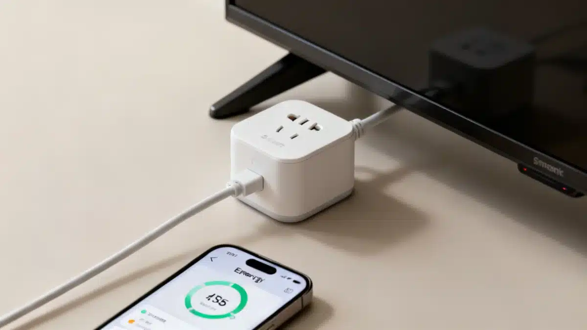 Smart plug monitoring energy use of a television via a smartphone app.