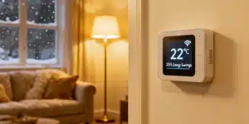 Smart thermostat on a wall, showing energy savings during a cold U.S. winter