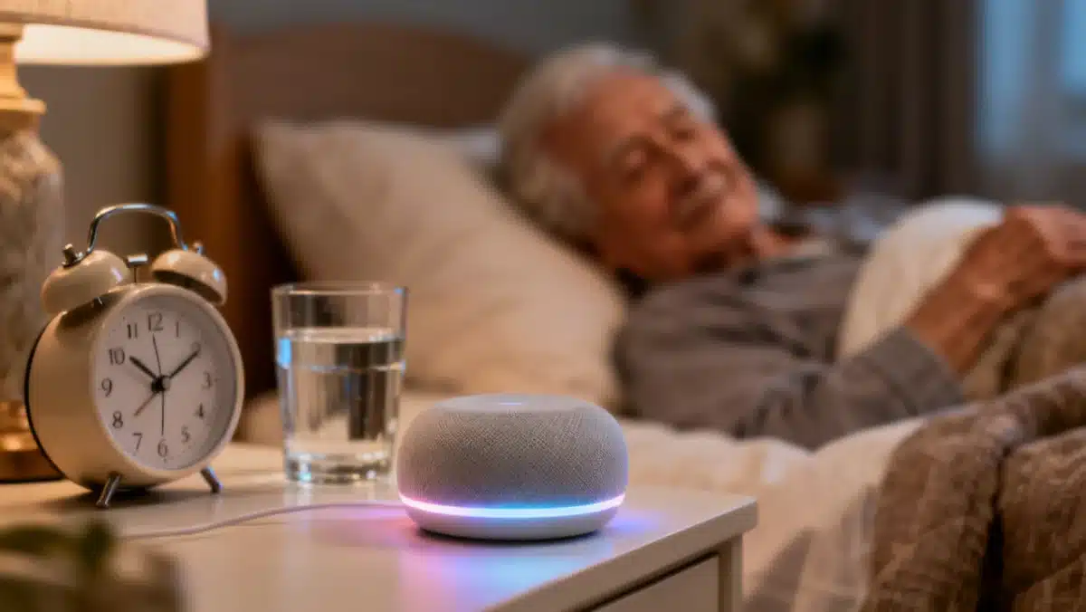 Smart voice assistant device on a bedside table for senior convenience