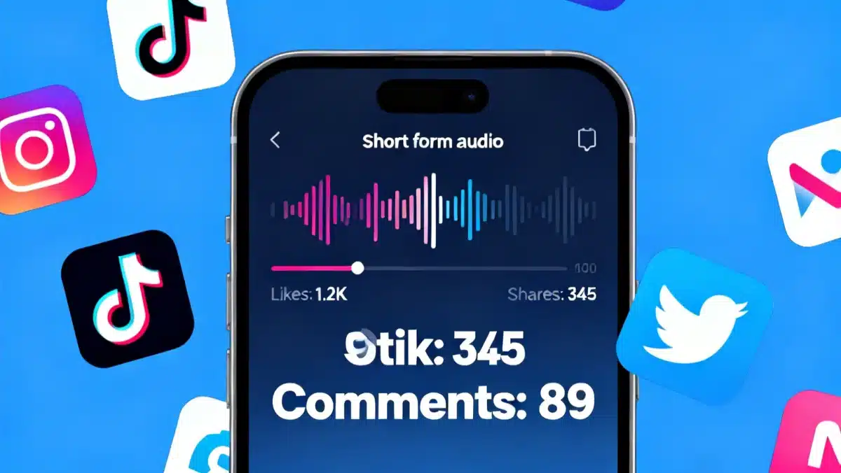 Smartphone showing a short-form audio clip with engagement metrics and social media app integration.
