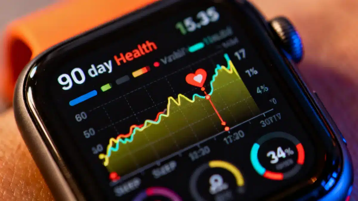 Smartwatch screen displaying a detailed 90-day personalized health trend graph