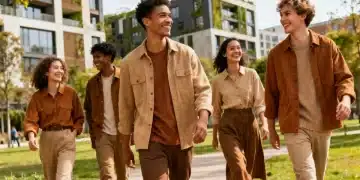 Diverse individuals wearing stylish, durable sustainable fashion in an urban park.