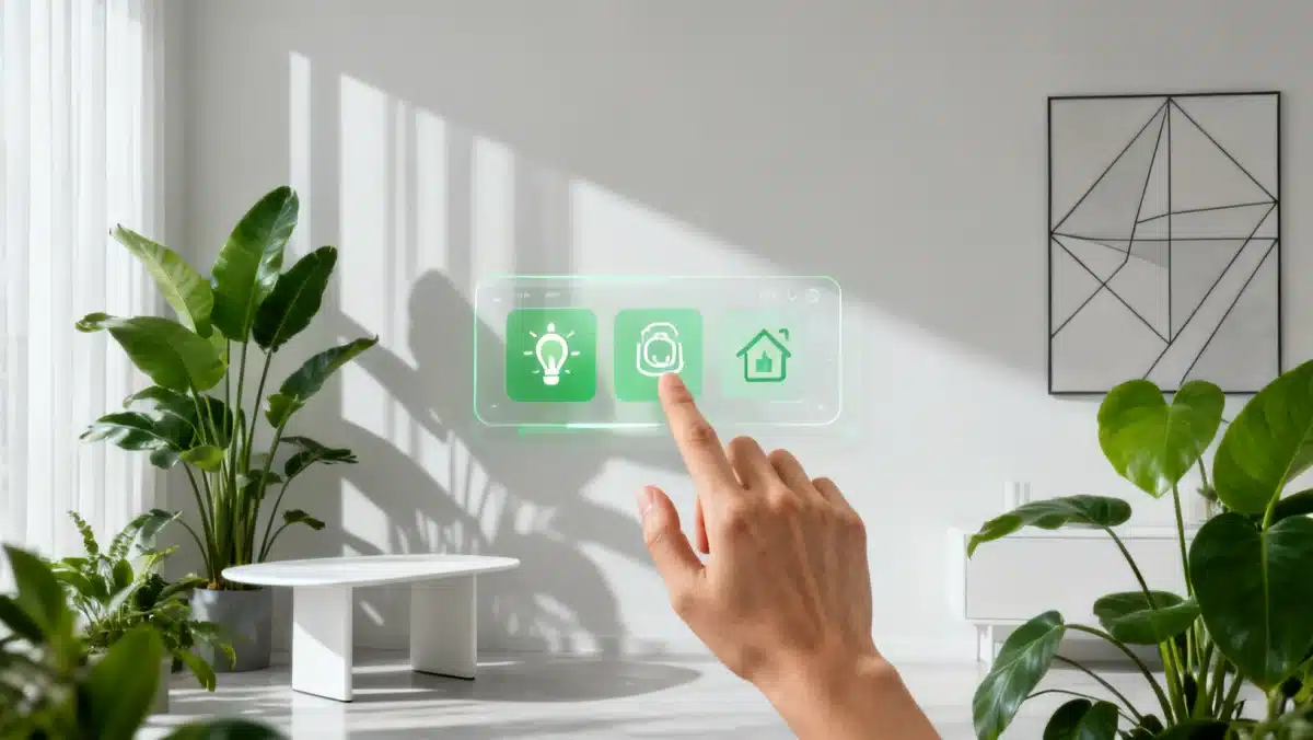 Hand interacting with transparent smart home control interface