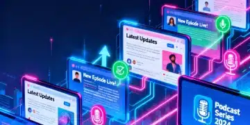 Digital screens showing newsletter, social media, and podcast content, illustrating cross-platform promotion for US newsletters.