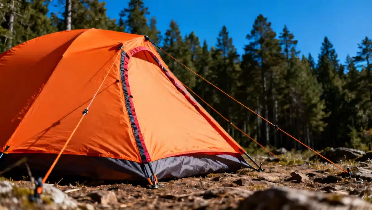 Close-up of a durable, waterproof camping tent pitched in a forest