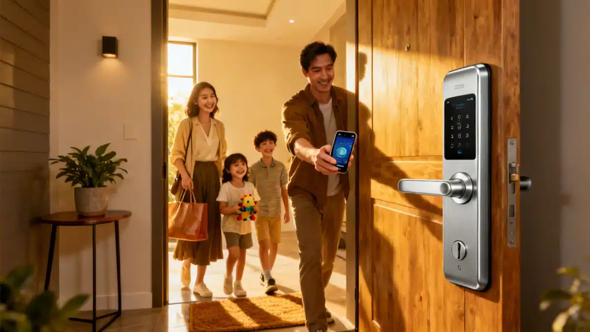 Family unlocking front door with smartphone and smart lock for keyless entry.