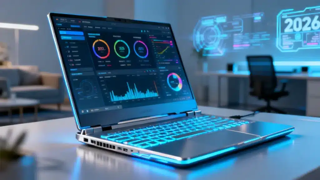 Futuristic high-performance laptop display on a modern desk