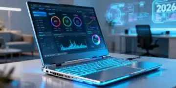 Futuristic high-performance laptop display on a modern desk