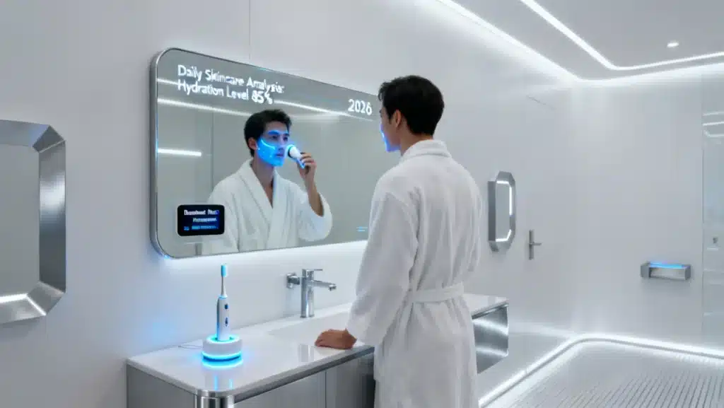 Futuristic personal care tech in a modern bathroom