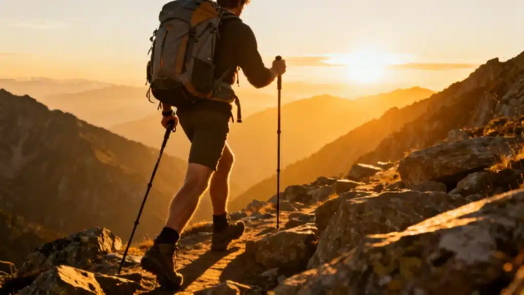 Hiker with durable backpack and trekking poles in a rugged mountain landscape
