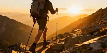 Hiker with durable backpack and trekking poles in a rugged mountain landscape