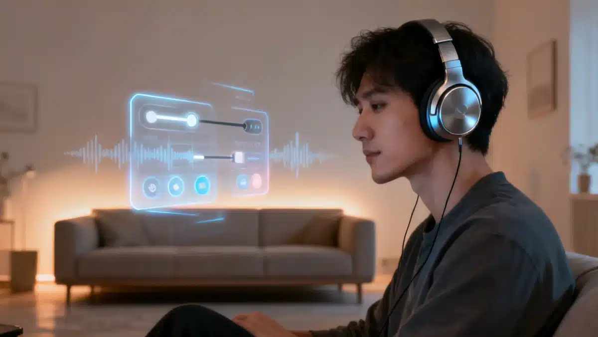 Person listening to interactive podcast with holographic interface