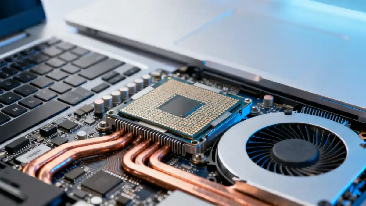 Internal view of a laptop's advanced processor and cooling system