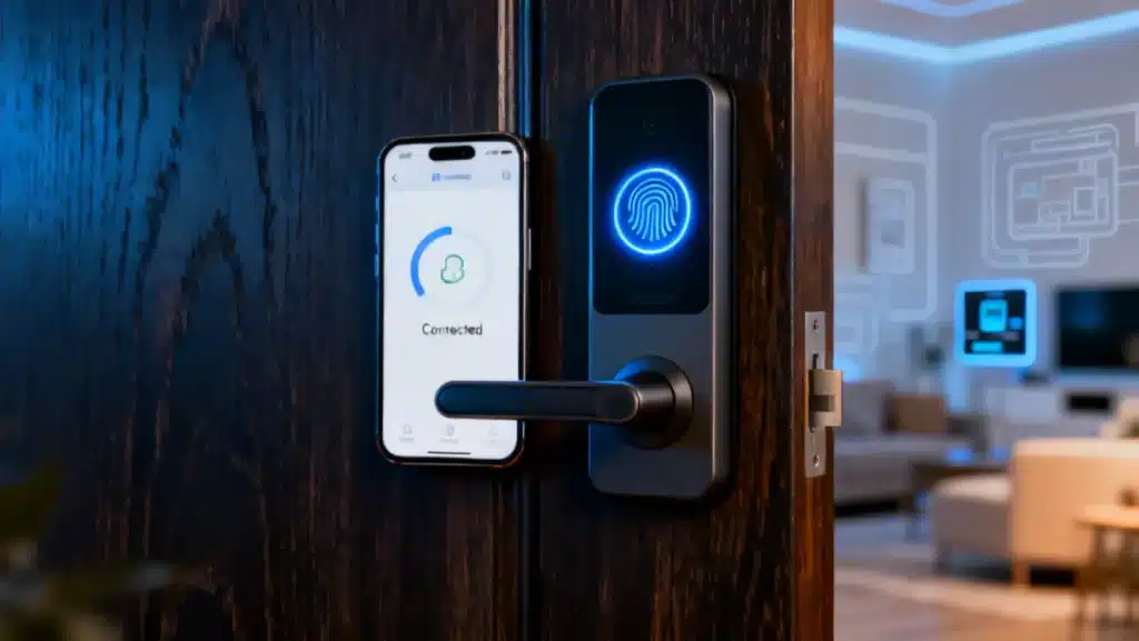 Modern smart lock with glowing fingerprint scanner on a wooden door, integrated with a smartphone app for home security.