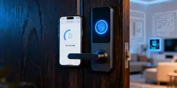Modern smart lock with glowing fingerprint scanner on a wooden door, integrated with a smartphone app for home security.