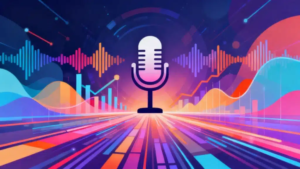 Stylized microphone surrounded by glowing data points and upward-trending graphs, representing podcast analytics and growth.