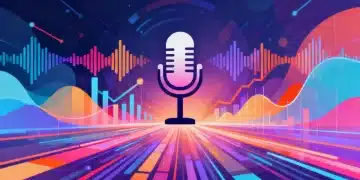 Stylized microphone surrounded by glowing data points and upward-trending graphs, representing podcast analytics and growth.