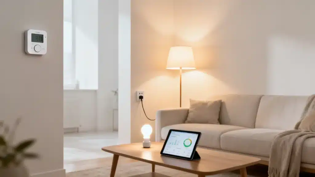 Modern living room with smart home devices for energy efficiency