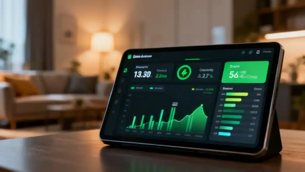 Smart home energy monitoring display showing real-time energy usage and savings data.