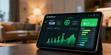 Smart home energy monitoring display showing real-time energy usage and savings data.