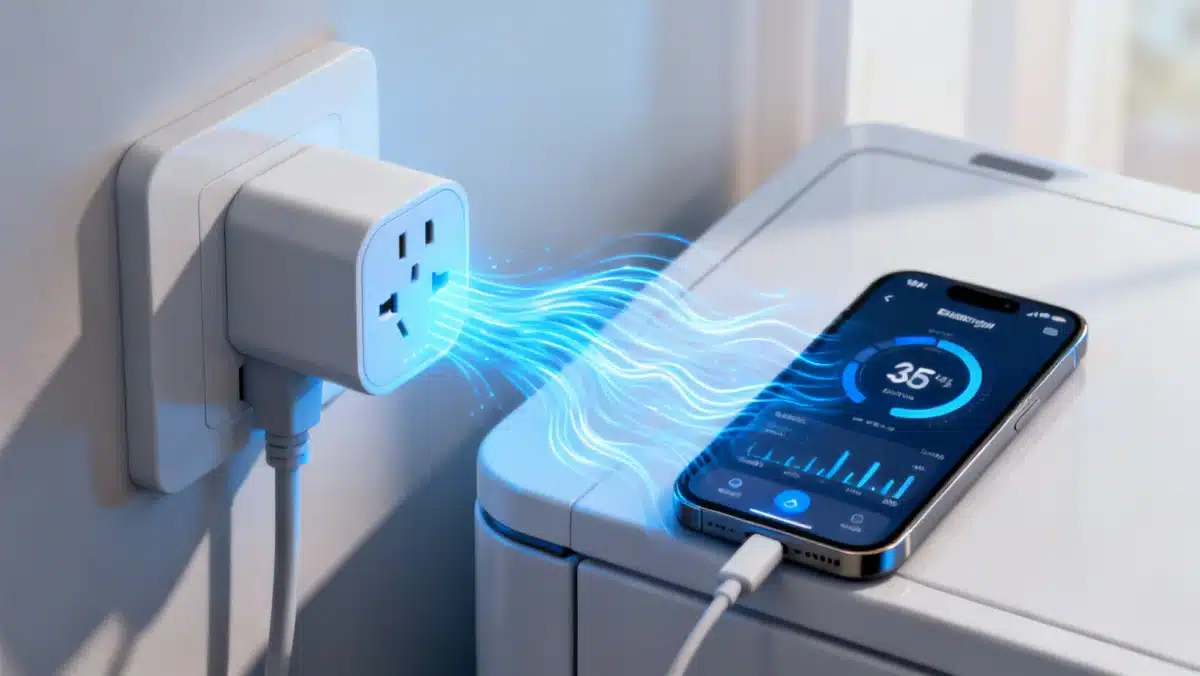 Smart plug monitoring energy usage of an appliance with data visible on a smartphone.
