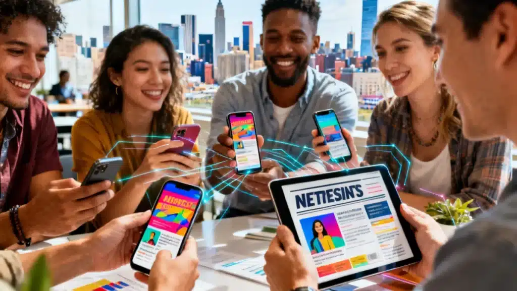 Diverse group engaging with vibrant US newsletter on mobile devices