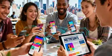 Diverse group engaging with vibrant US newsletter on mobile devices