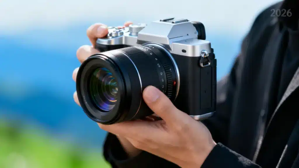 Photographer holding a futuristic mirrorless camera with a vibrant landscape in the background, showcasing advanced photographic technology.