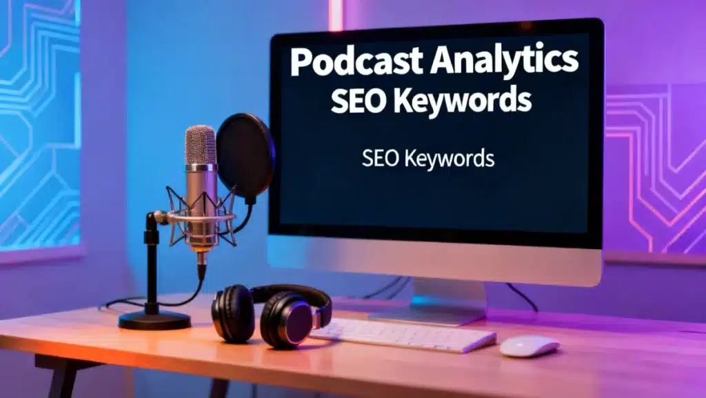 Modern podcast studio with SEO analytics on screen, symbolizing discoverability